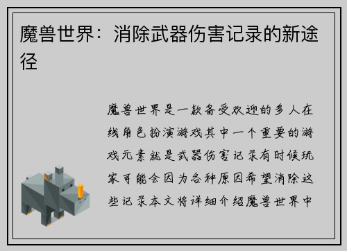 魔兽世界：消除武器伤害记录的新途径