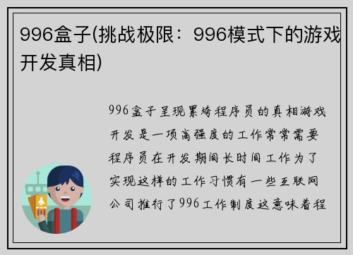 996盒子(挑战极限：996模式下的游戏开发真相)